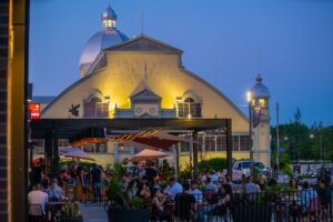 Milestones restaurant patio with the Aberdeen Pavilion in the background at Lansdowne
