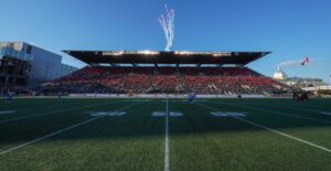 The Stadium at TD Place with fans on the north stand and fireworks
